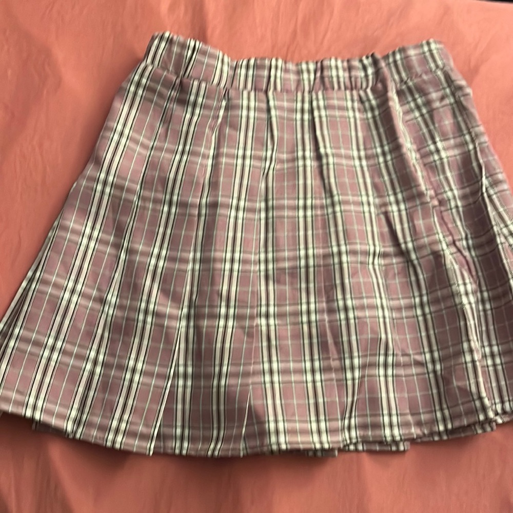 Pink white and black plaid skirt